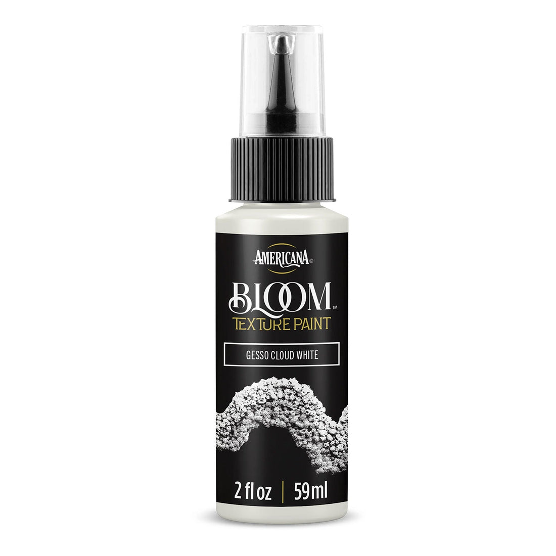 A bottle of Americana BLOOM Textured Paint in the color 'Gesso Cloud White', featuring a black label with gold and white lettering and a textured white paint splash graphic, on a clean white background.
