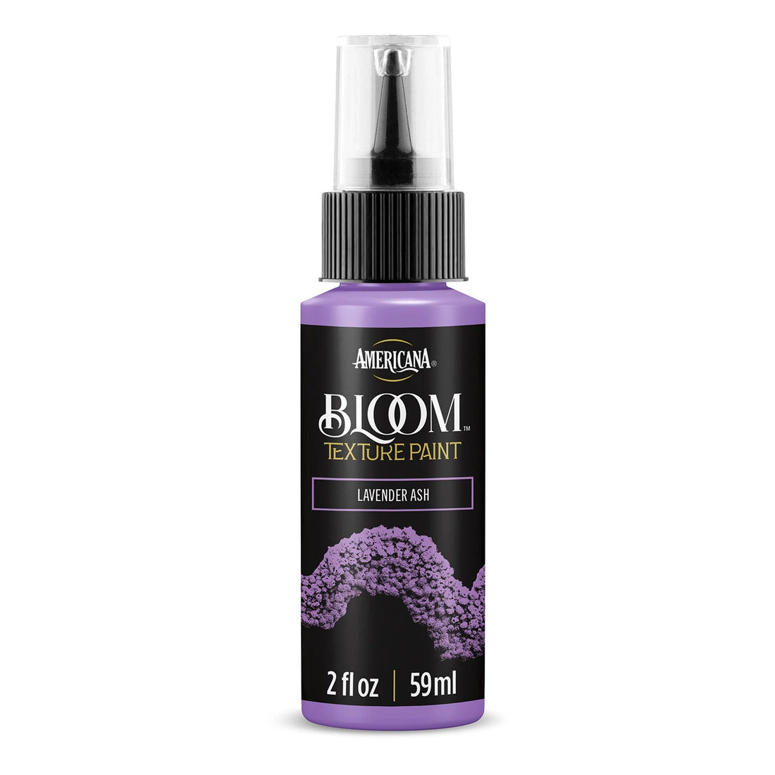A bottle of Americana BLOOM Textured Paint in 'Lavender Ash' with a black label, purple cap and base, and a clear spray top, shown on a white background.
