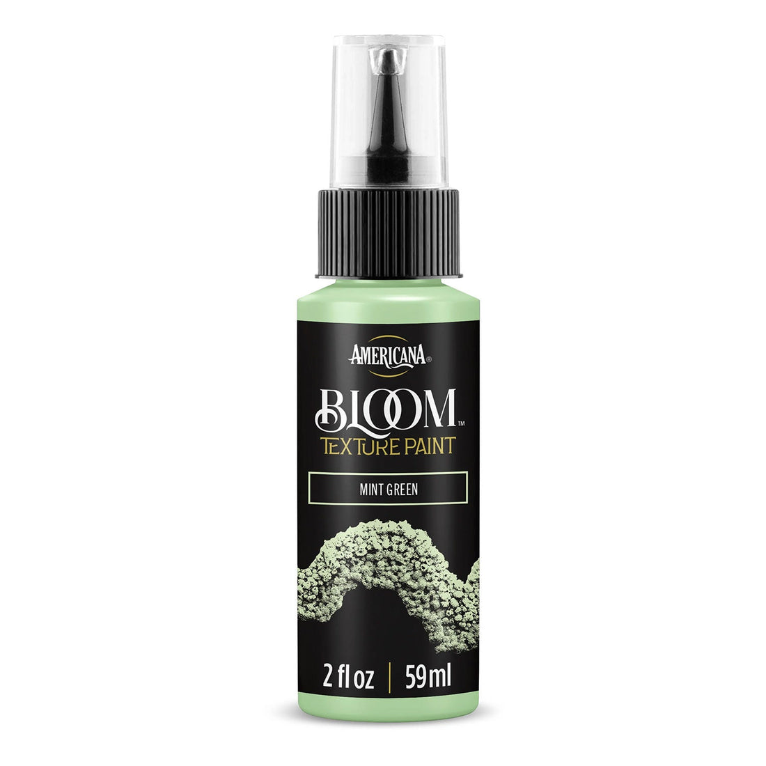 A bottle of Americana BLOOM Textured Paint in the shade Mint Green, featuring a black label with gold lettering and a textured paint sample graphic, on a white background.