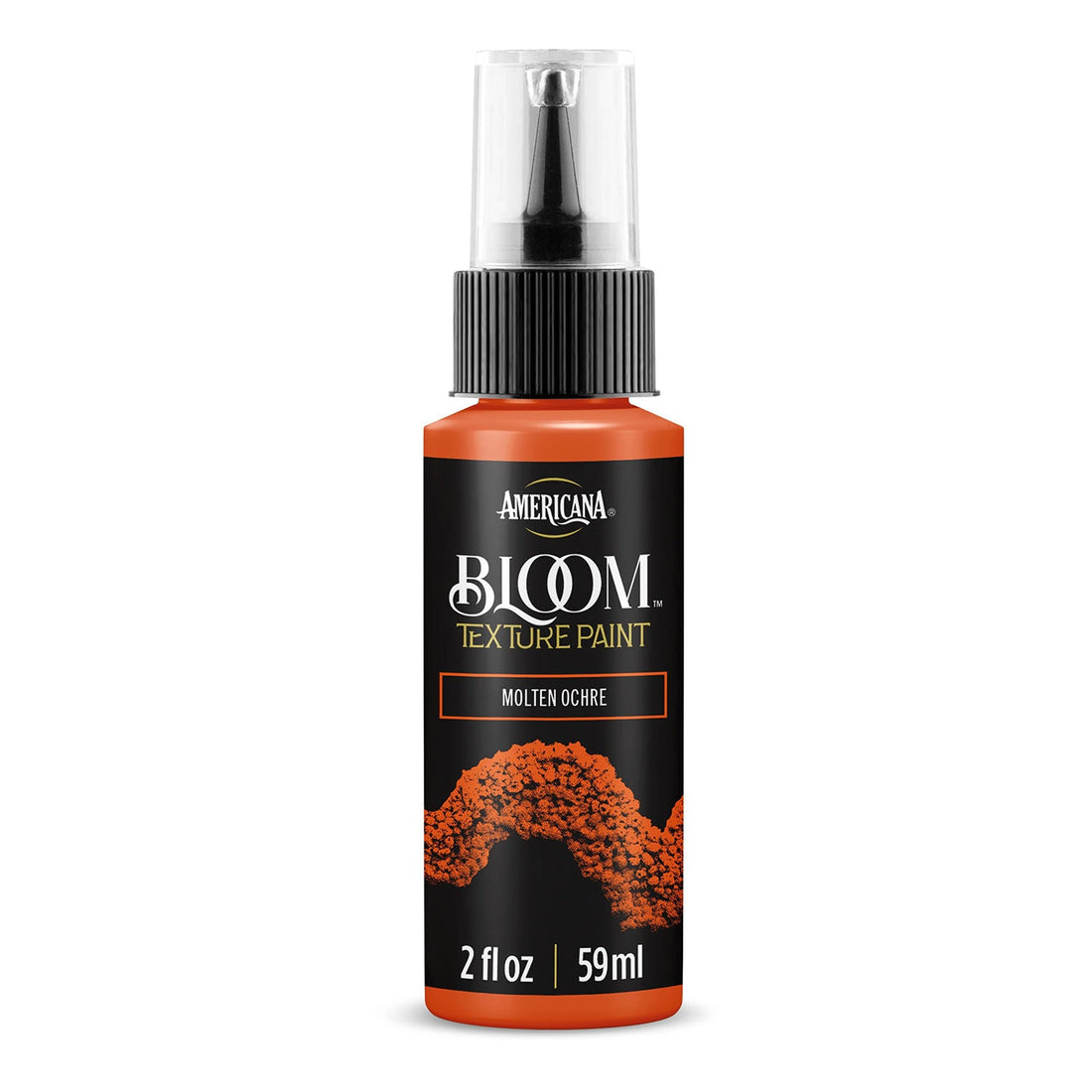 A bottle of Americana BLOOM Textured Paint in the color 'Molten Ochre', featuring a black label with orange paint splatter graphics and a clear spray cap.