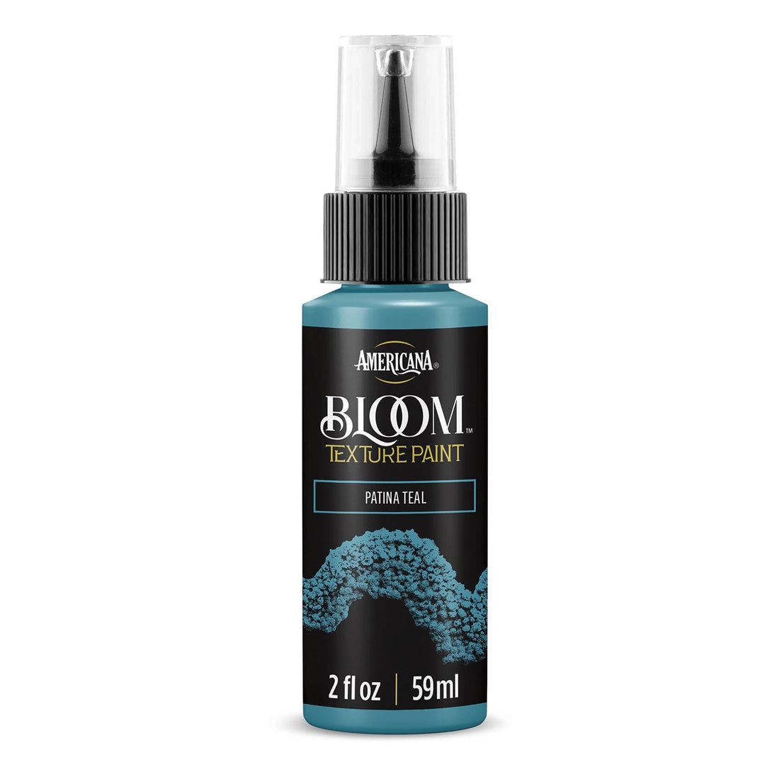 A bottle of Americana BLOOM Textured Paint in the shade Patina Teal, featuring a black label with gold lettering and a textured paint sample graphic, on a white background.