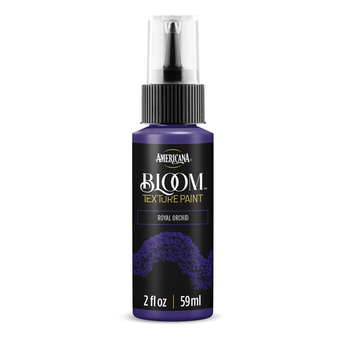 A bottle of Americana BLOOM Texture Paint in the 'Royal Orchid' color, featuring a black label with purple text and a textured orchid pattern, on a white background.