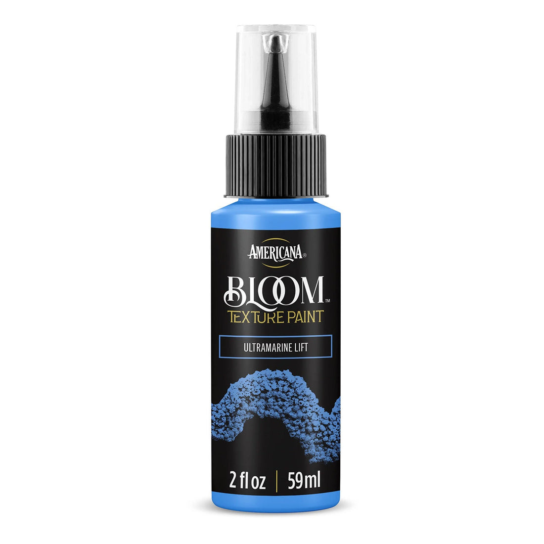 A 2 fl oz bottle of Americana BLOOM Textured Paint in 'Ultramarine Lift' with a black label and blue paint visible at the top and bottom, shown on a white background.
