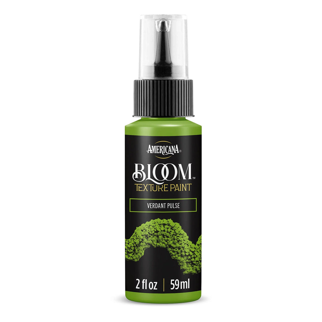 A bottle of Americana BLOOM Textured Paint in the shade Verdant Pulse Green, featuring a black label with gold lettering and a textured paint sample graphic, on a white background.