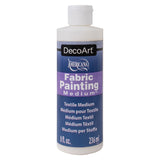 A bottle of DecoArt Americana Fabric Painting Medium textile paint, 8 fl. oz. (236 ml), on a plain white background.