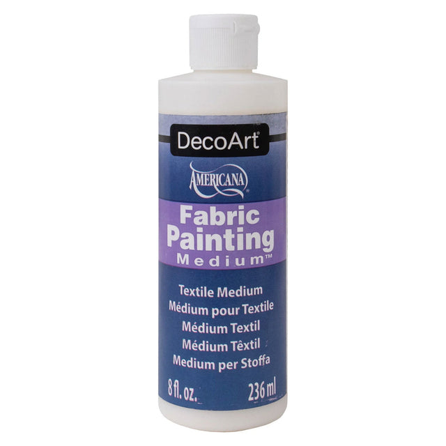 A bottle of DecoArt Americana Fabric Painting Medium textile paint, 8 fl. oz. (236 ml), on a plain white background.