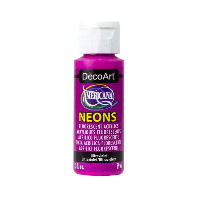 A bottle of DecoArt Americana Neons Fluorescent Acrylic Paint in Ultraviolet, featuring a bright purple label.
