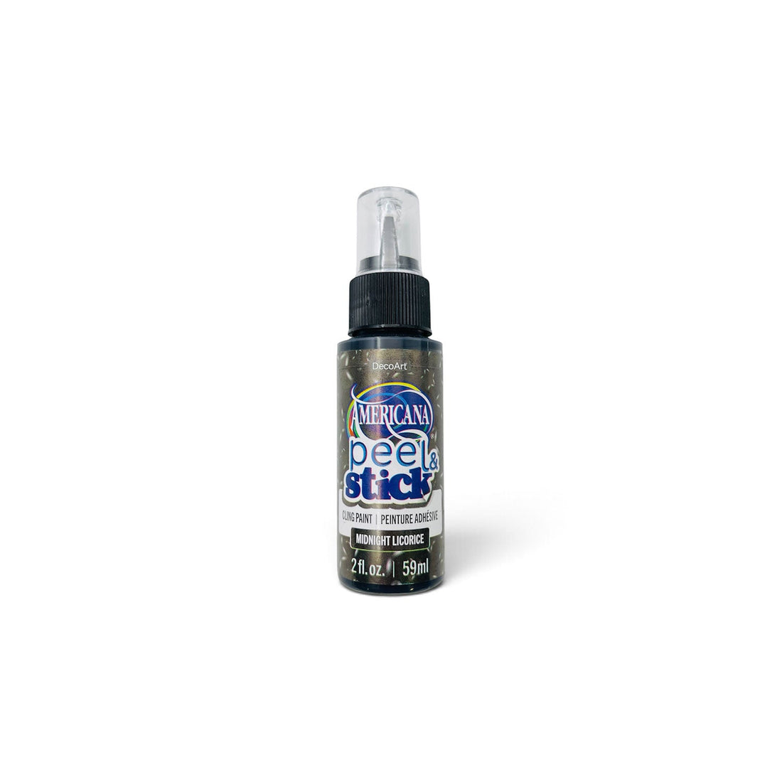 A bottle of Americana Peel & Stick Paint bottle, colour Midnight Licorice on a plain white background.