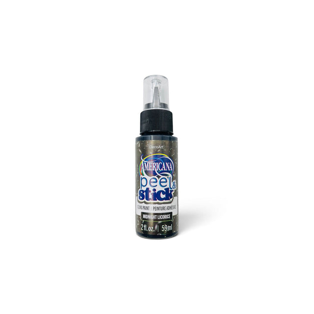 A bottle of Americana Peel & Stick Paint bottle, colour Midnight Licorice on a plain white background.