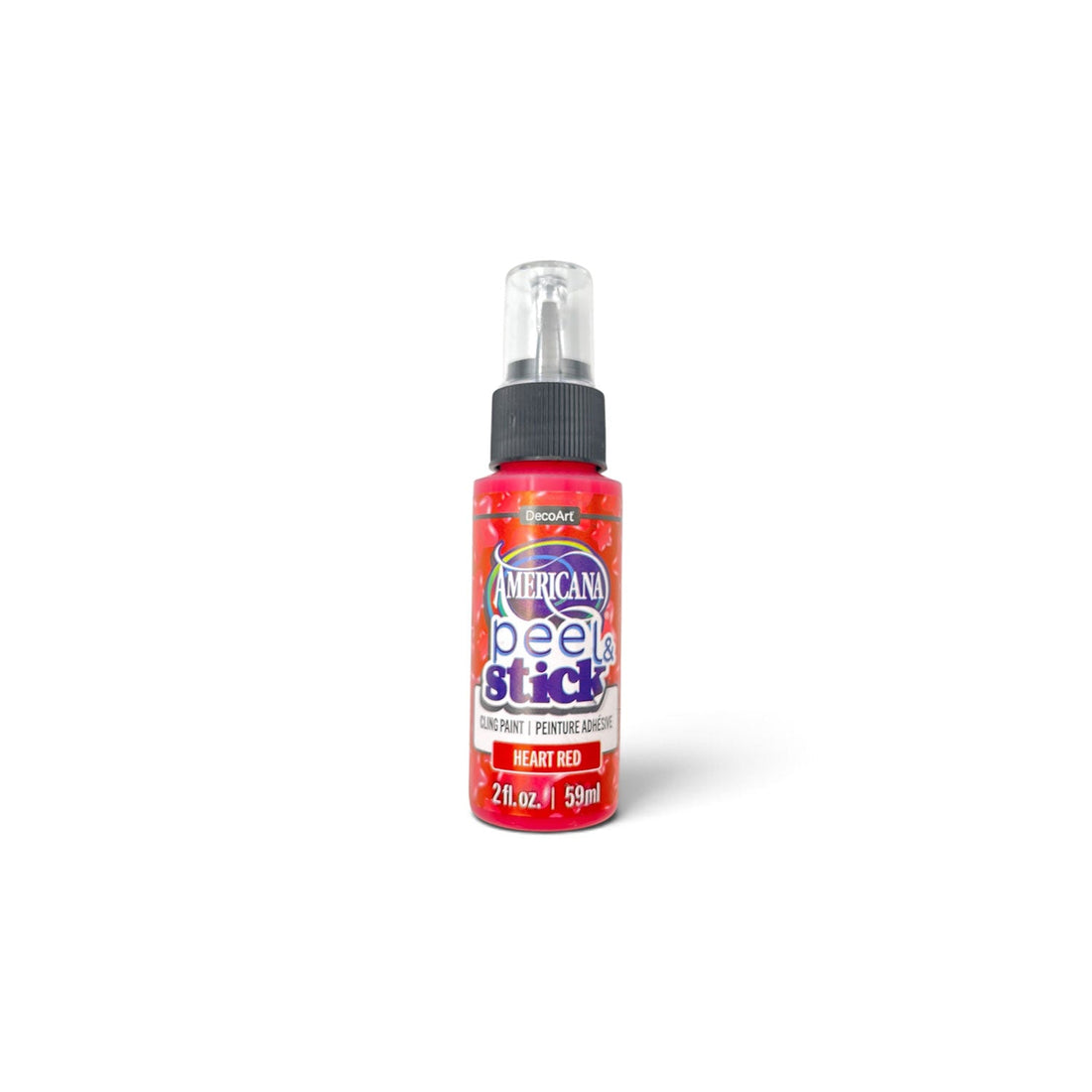 A bottle of DecoArt Americana Peel & Stick  Cling Paint in colour Heart Red, and a clear plastic top, set against a plain white background.