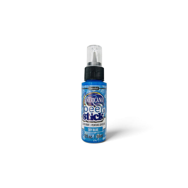 A bottle of DecoArt American Peel & Stick paint, in colour sky blue, set against a plain white background.