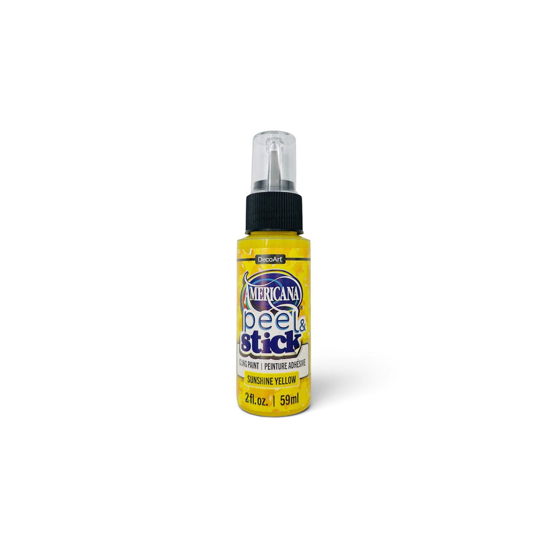 A bottle of American Peel & Stick  paint in the colour Sunshine Yellow, featuring a clear cap and a yellow label, set against a plain white background.