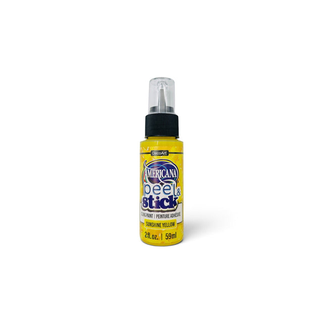 A bottle of American Peel & Stick  paint in the colour Sunshine Yellow, featuring a clear cap and a yellow label, set against a plain white background.