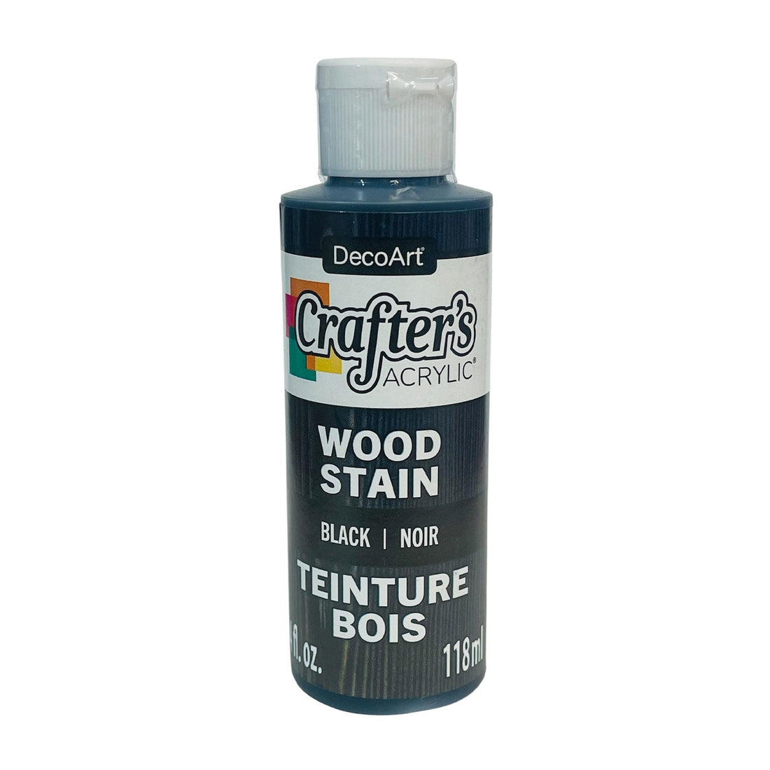 A bottle of DecoArt Crafter's Acrylic Wood Stain in Black.