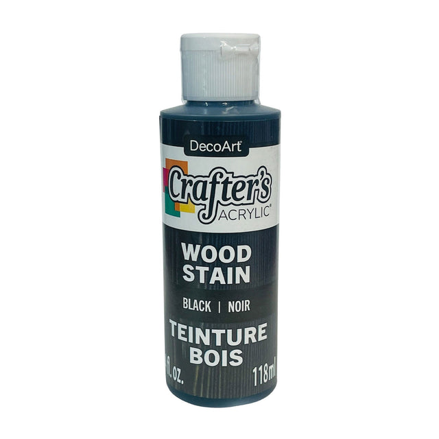 A bottle of DecoArt Crafter's Acrylic Wood Stain in Black.
