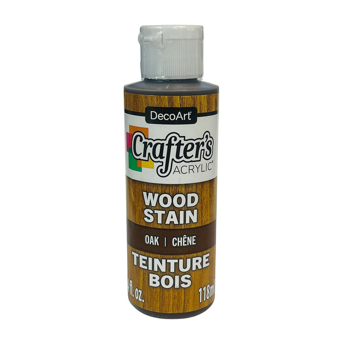 A bottle of DecoArt Crafter's Acrylic Wood Stain in the Oak color, featuring a wood-grain label and a white cap.