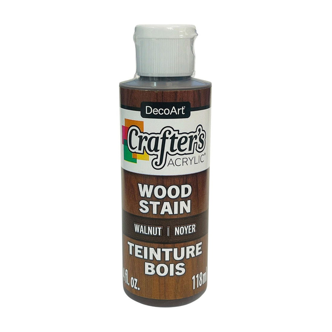 A bottle of DecoArt Crafter's Acrylic Wood Stain in the Walnut/Noyer shade, featuring a white cap and a label with a wood grain pattern.
