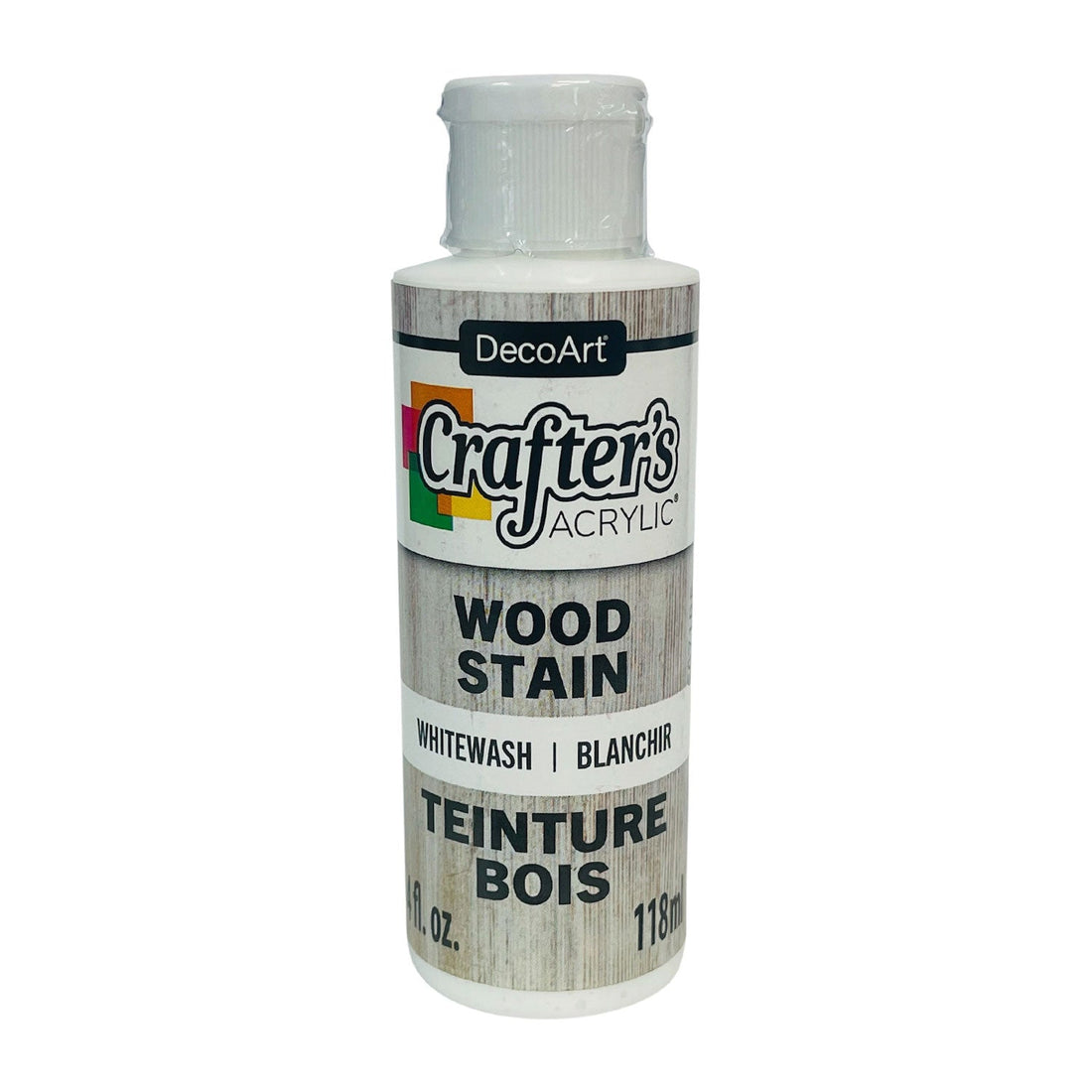 A 4 oz bottle of DecoArt Crafter's Acrylic Wood Stain in Whitewash/Blanchir.