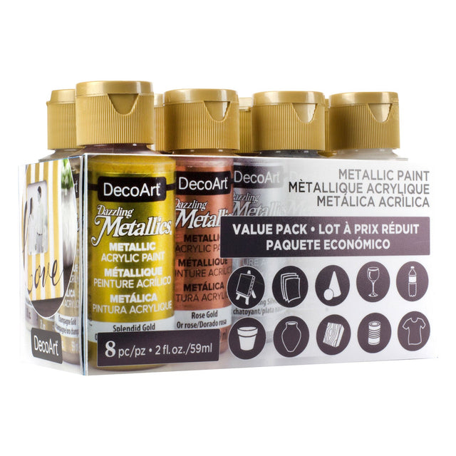 DecoArt Azuring Metallics Value Pack containing 8 acrylic paint bottles with metallic gold caps.