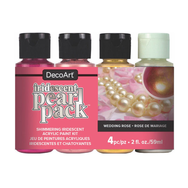 A set of four DecoArt iridescent pearl acrylic paint bottles in the Wedding Rose colourway.