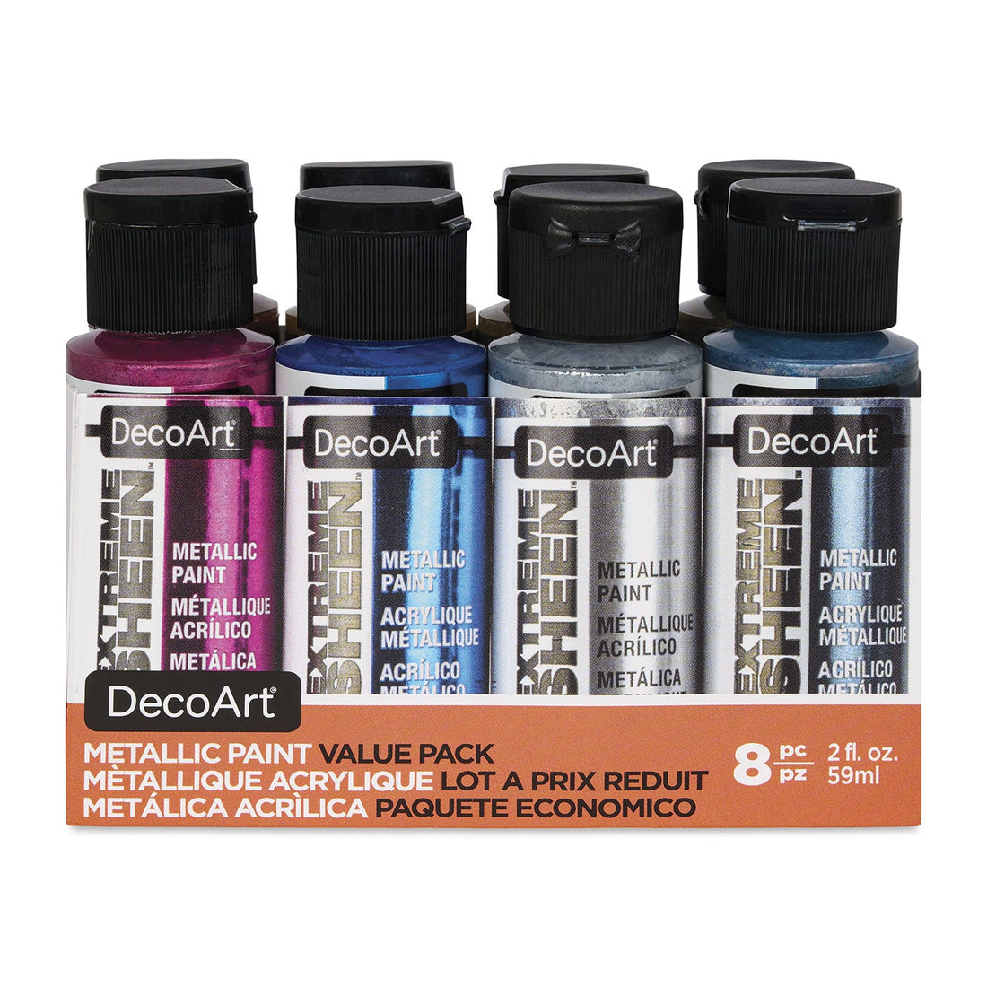 An 8-piece value pack of DecoArt metallic acrylic paint bottles in pink, blue, silver, and dark blue.