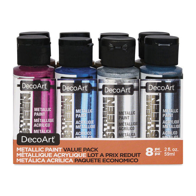 An 8-piece value pack of DecoArt metallic acrylic paint bottles in pink, blue, silver, and dark blue.
