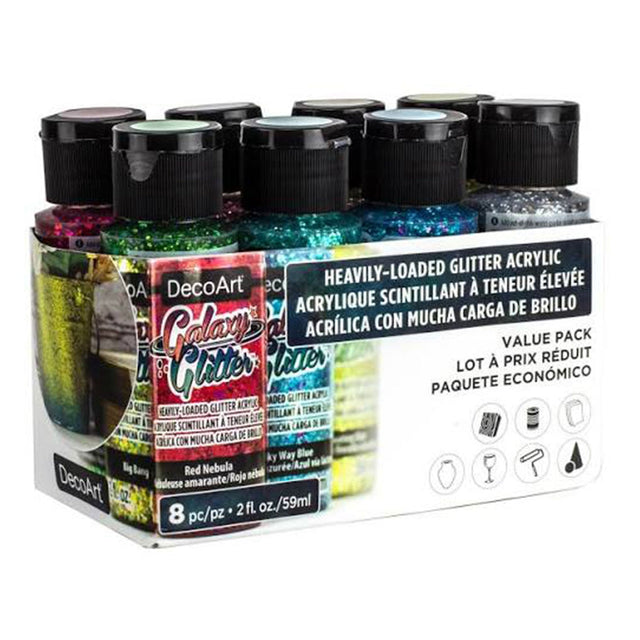 A 8-piece value pack of DecoArt Galaxy Glitter Acrylic Paint bottles. The set contains multiple vibrant glitter colours including pink, green, blue, and yellow, with black caps