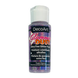 A bottle of DecoArt Glamour Dust Ultra Fine Glitter Paint in the shade Purple Princess, featuring a white cap and a purple glittery label on a white background.