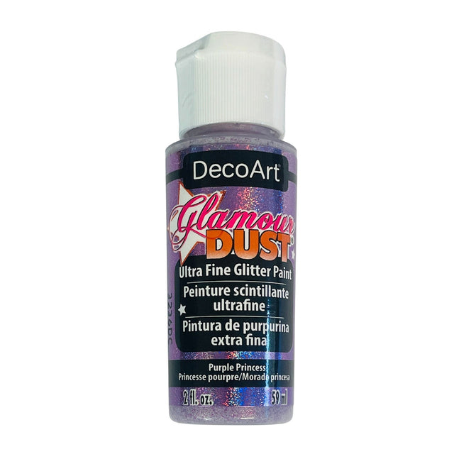 A bottle of DecoArt Glamour Dust Ultra Fine Glitter Paint in the shade Purple Princess, featuring a white cap and a purple glittery label on a white background.