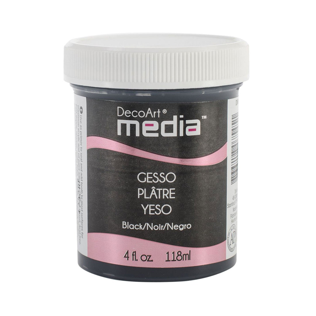 A jar of DecoArt Media Gesso in the color Yeso Black, featuring a white screw-on lid and a black and pink label, shown on a plain white background.