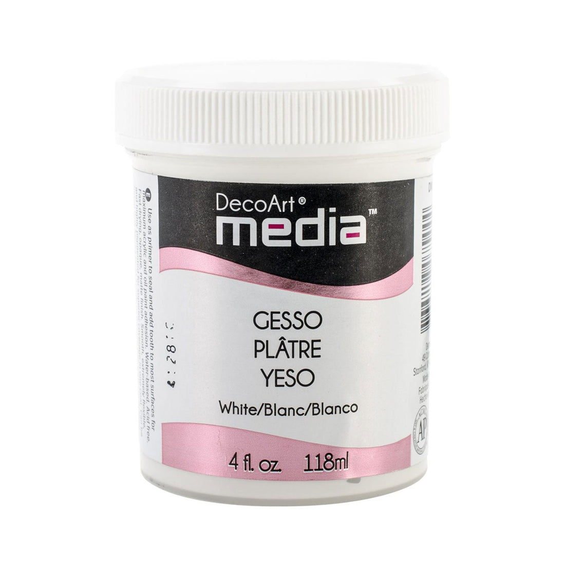 A white plastic jar of DecoArt Media white gouache paint with a black, pink, and white label, shown on a plain white background.
