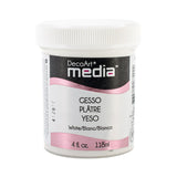 A white plastic jar of DecoArt Media white gouache paint with a black, pink, and white label, shown on a plain white background.