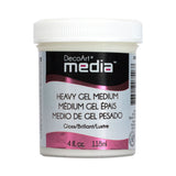 A white plastic jar of DecoArt Media Heavy Gel Medium, 4 fl oz (118 ml), on a solid white background.