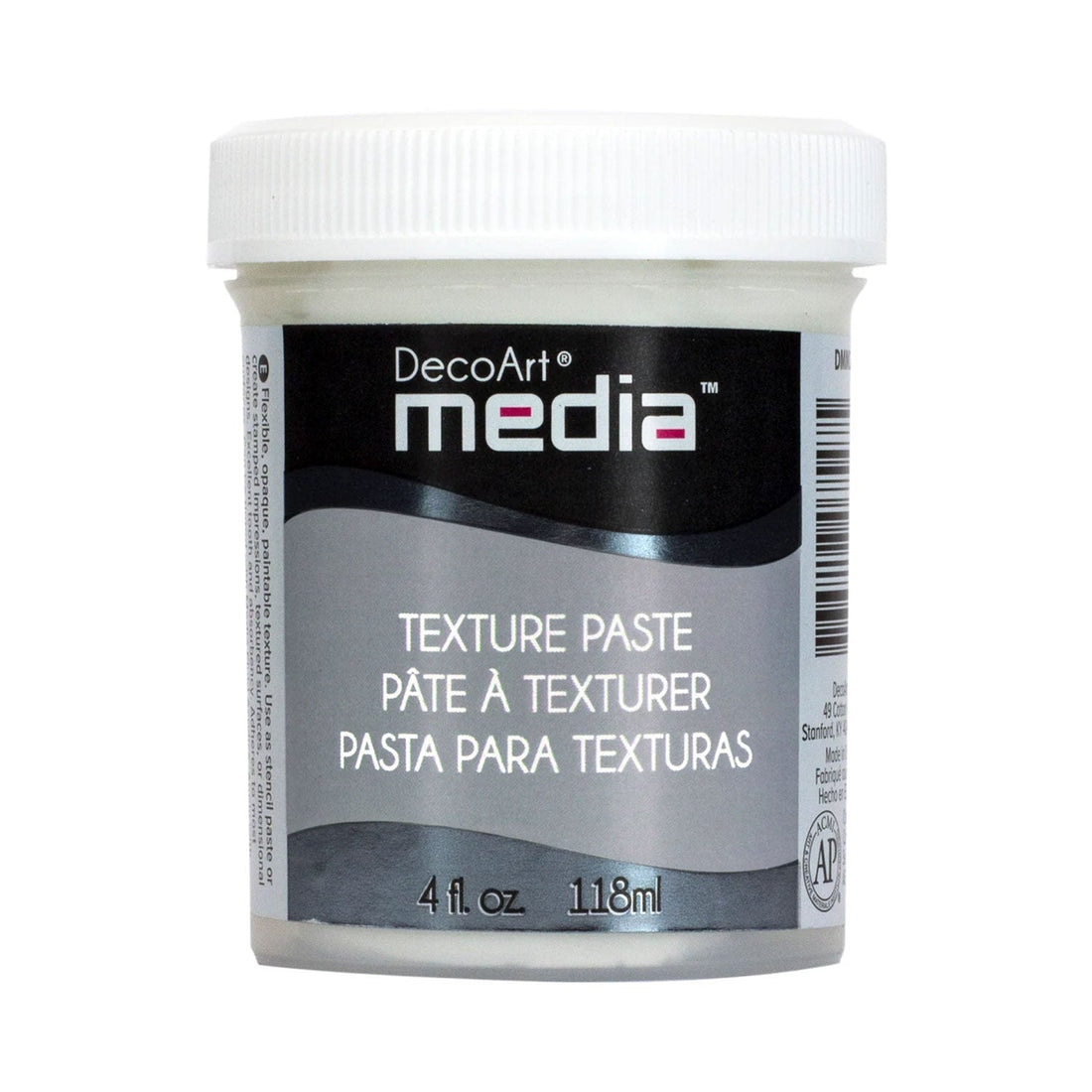 A white plastic jar of DecoArt Media Texture Paste with a black and gray label, shown on a plain white background.