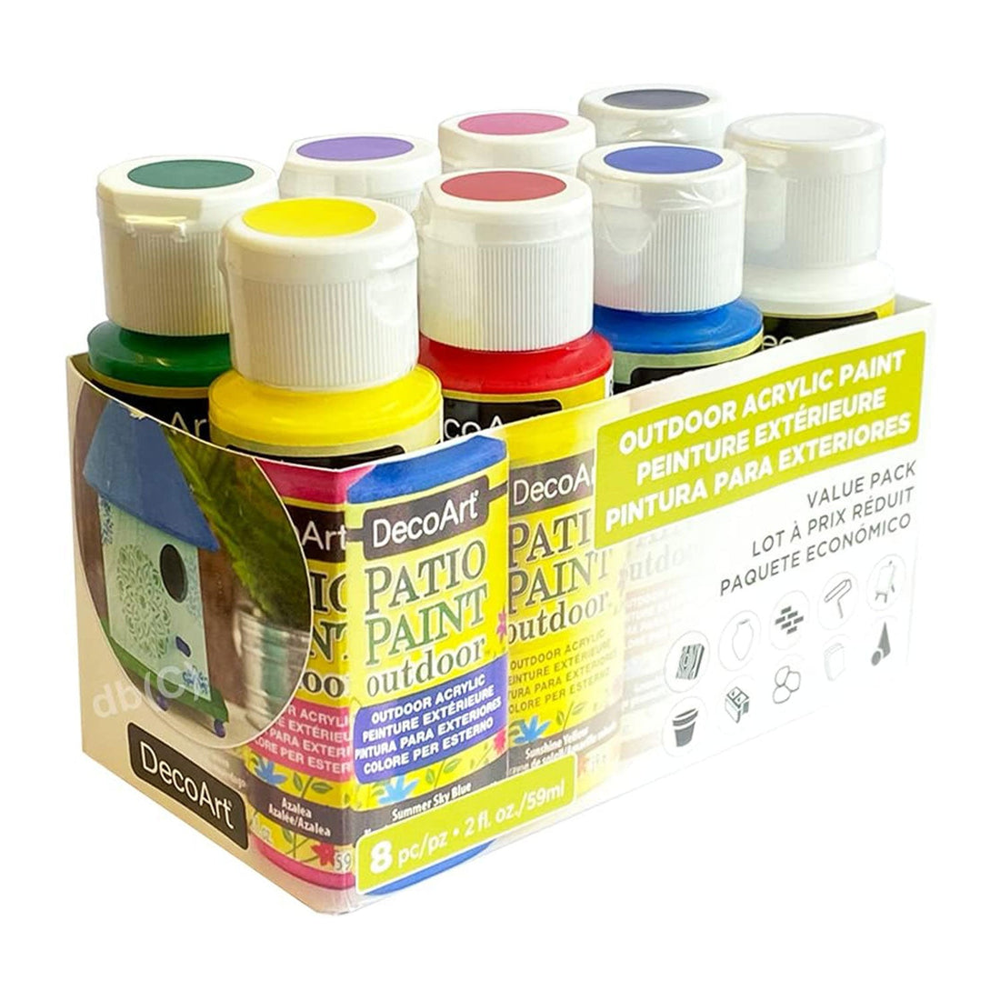 A 6-pack of DecoArt outdoor acrylic paint bottles in a cardboard display tray, showing the green, yellow, red, pink, blue, Black, White and purple paint colours.