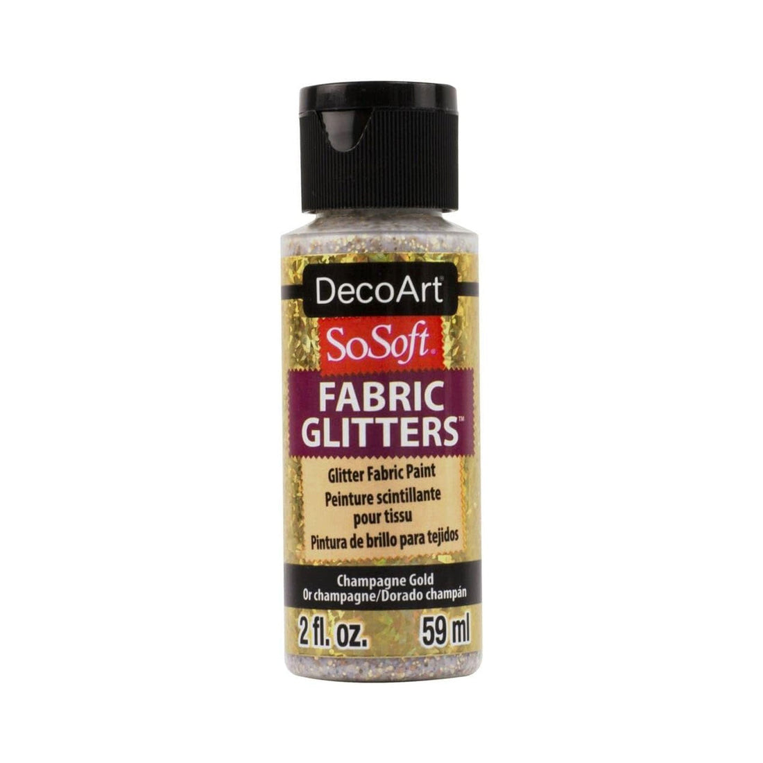A bottle of DecoArt SoSoft Fabric Glitters in the colour Champagne Gold, 2 fl. oz.
