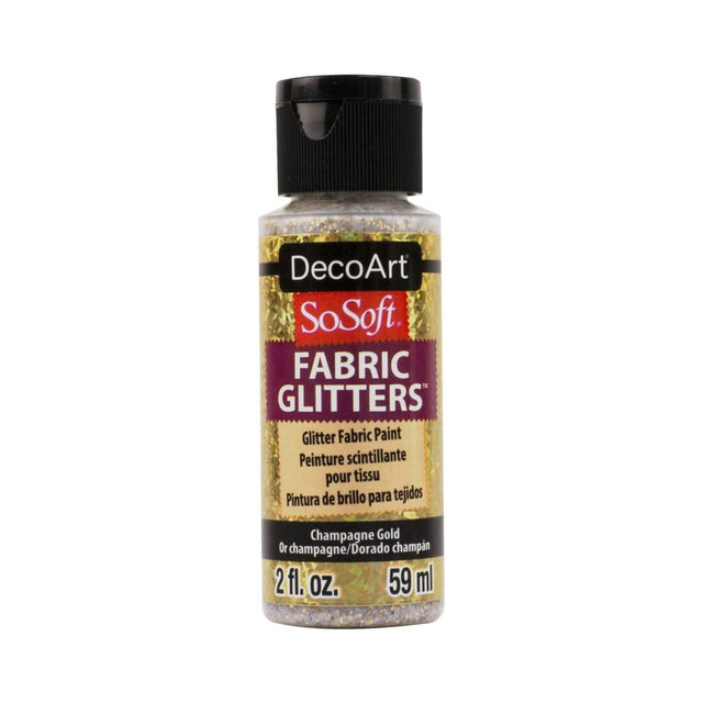 A bottle of DecoArt SoSoft Fabric Glitters in the colour Champagne Gold, 2 fl. oz.