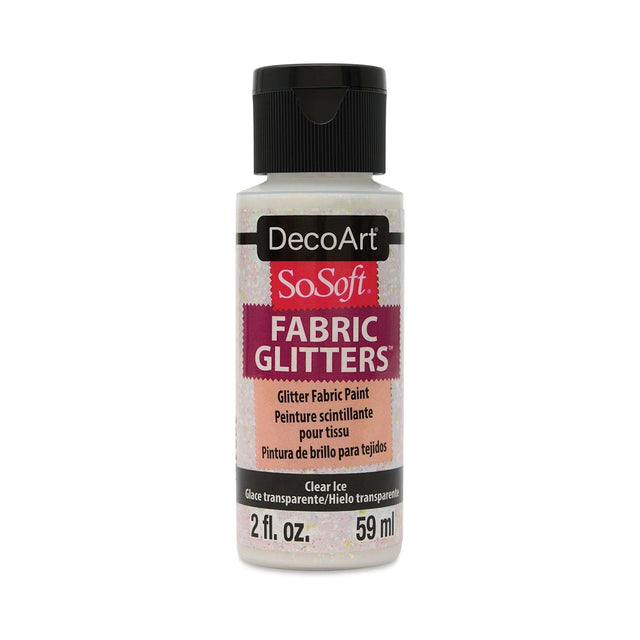 A bottle of DecoArt SoSoft Fabric Glitters in the color Clear Ice, 2 fl. oz.