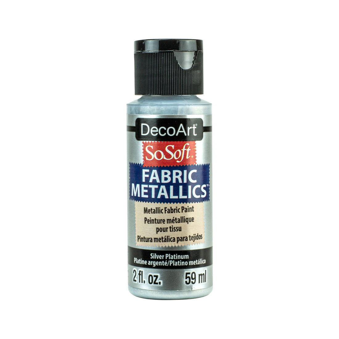 A bottle of DecoArt SoSoft Fabric Glitters in the colour Silver Platinum, 2 fl. oz.