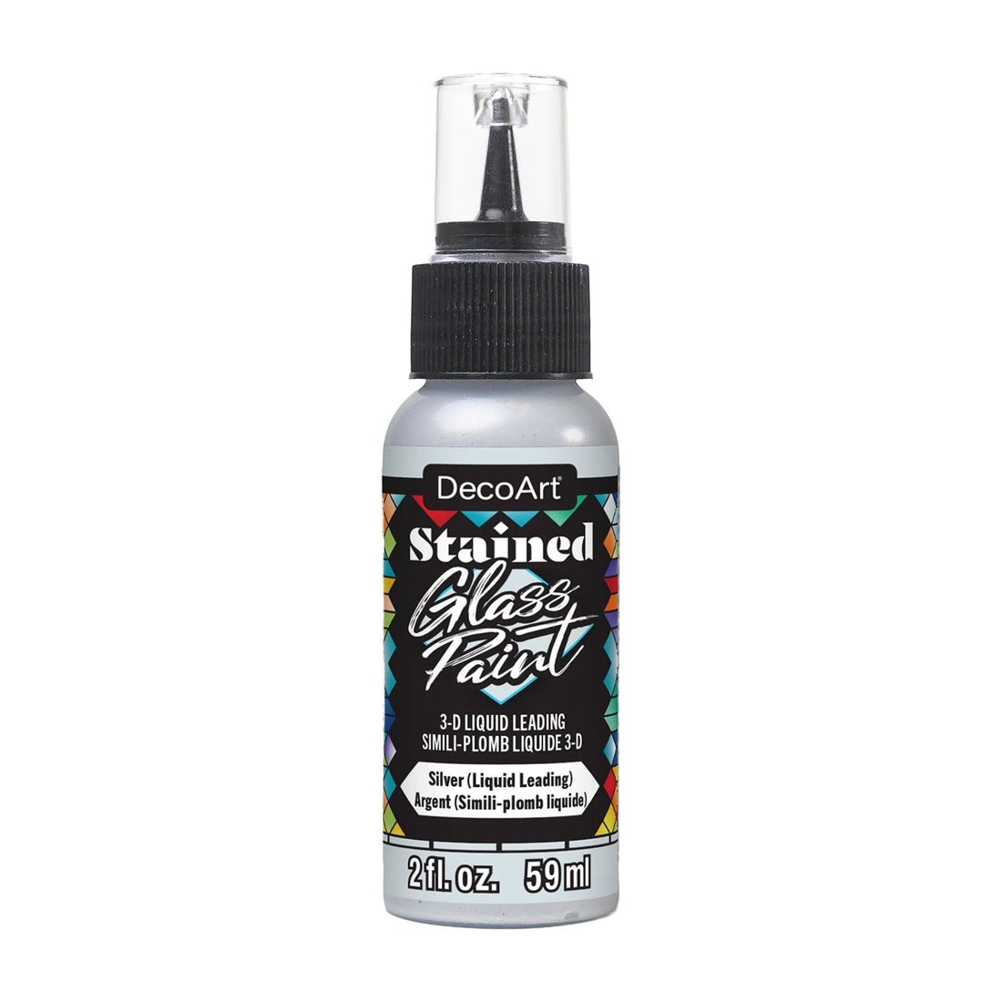 A bottle of DecoArt Stained Glass Paint in Silver, featuring a black cap and a clear plastic top.