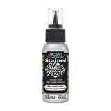 A bottle of DecoArt Stained Glass Paint in Silver, featuring a black cap and a clear plastic top.