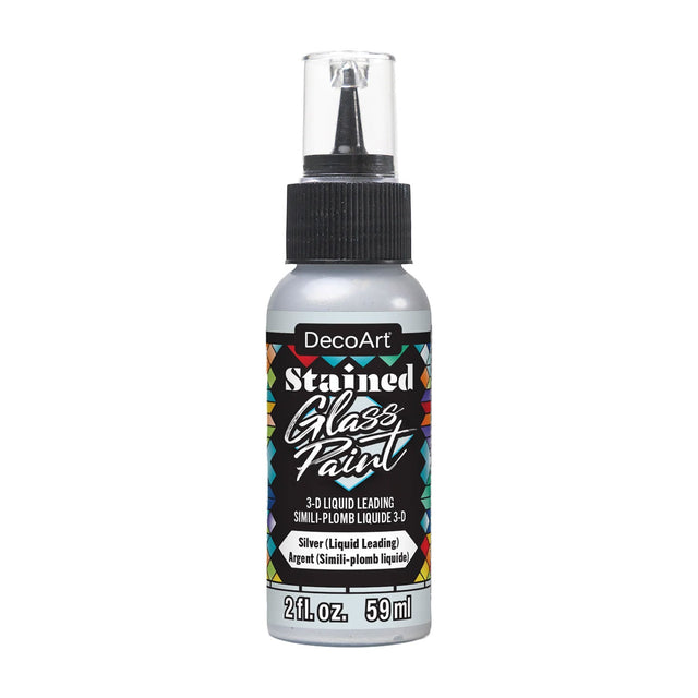 A bottle of DecoArt Stained Glass Paint in Silver, featuring a black cap and a clear plastic top.