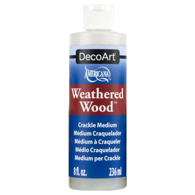 A bottle of DecoArt Americana Weathered Wood Crackle Medium, 8 fl. oz. (236 ml), on a plain white background.