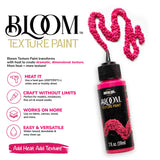 A bottle of Arizona BLOOM Texture Paint shown on a white background with product information text and a pink textured heart-shaped paint swatch above the bottle.