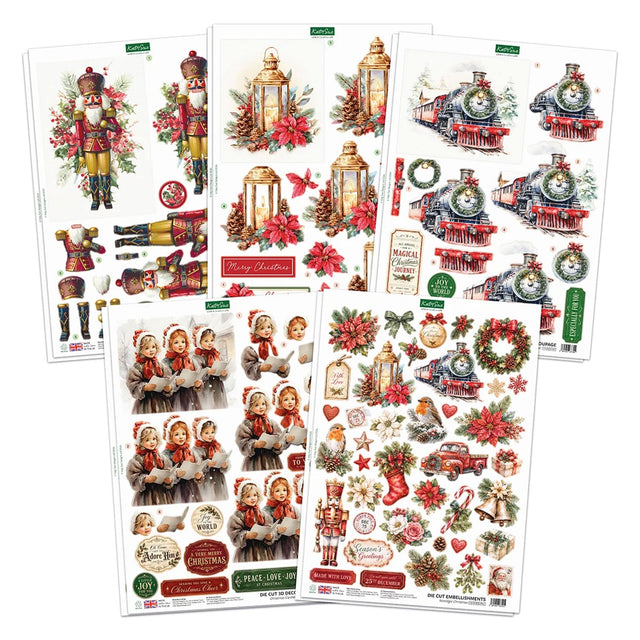 Three sheets of Christmas-themed sticker designs displayed on a white background, featuring nutcrackers, vintage trains, lanterns, wreaths, stockings, and holiday text elements.