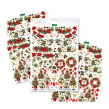 Three sheets of Christmas die-cut stickers displayed on a white background, featuring red poinsettias, green holly and wreaths, pinecones, candy canes, and small holiday trees.