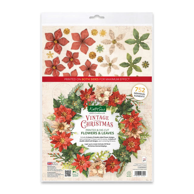 Kate Star Vintage Christmas Folders featuring 752 individual cutouts of red poinsettias, green leaves, and beige floral elements, shown in its retail packaging.