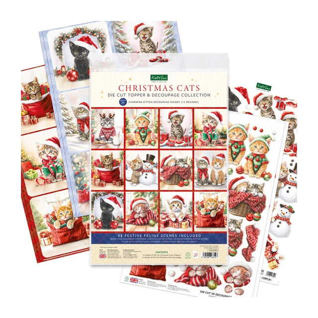 Christmas Cats die-cut feline scenes collection by Canva, featuring a central package surrounded by scattered individual cut-out scenes and stickers on a white background.