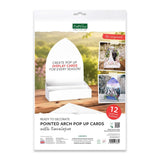 Kraft on Shade Pointed Arch Pop Up Cards with Envelopes, featuring a white display card holder in the center of the packaging, with sample images of decorated pop-up cards on a white background.