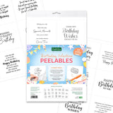 Kateryna Sue Birthday Selection Peelables sheet pack, featuring a central white package surrounded by sample handwritten and printed birthday card designs on a white background.